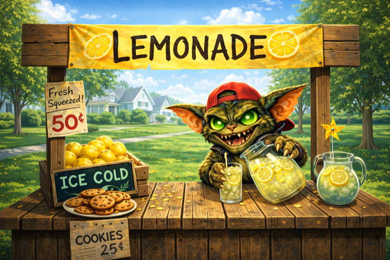 GREMLIN running a lemonade stand to pay back the £150
