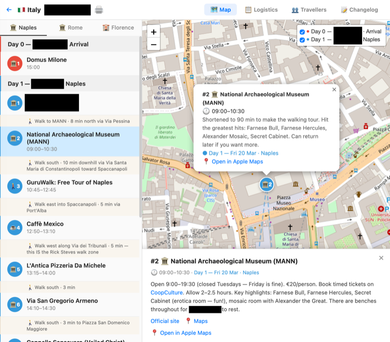 TripMap detail popup with Apple Maps deep links