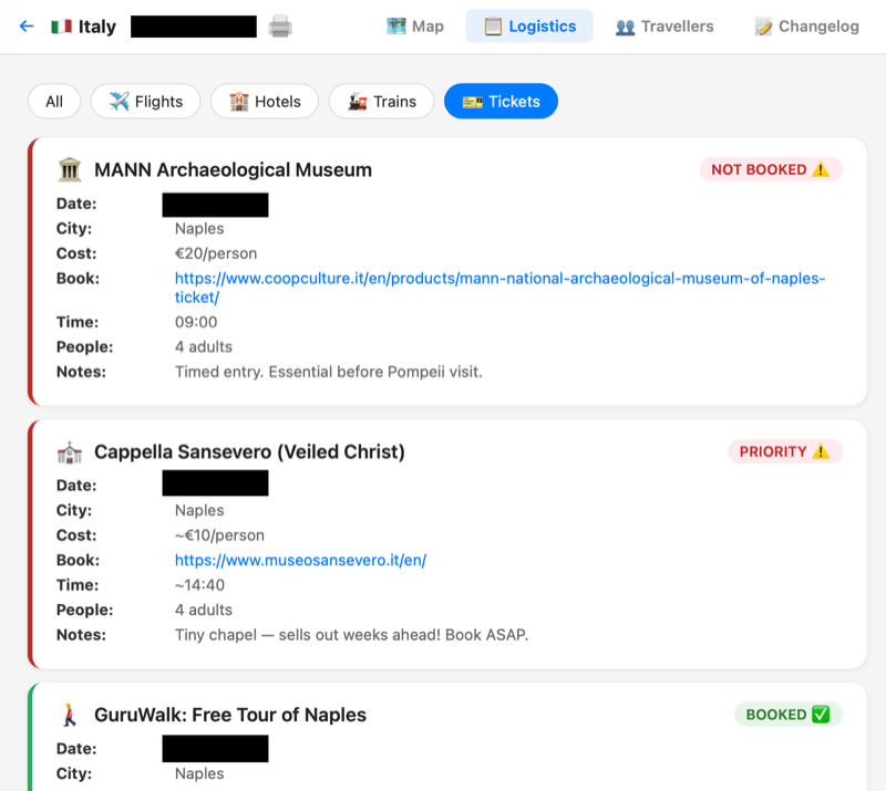 TripMap logistics tab showing ticket booking status